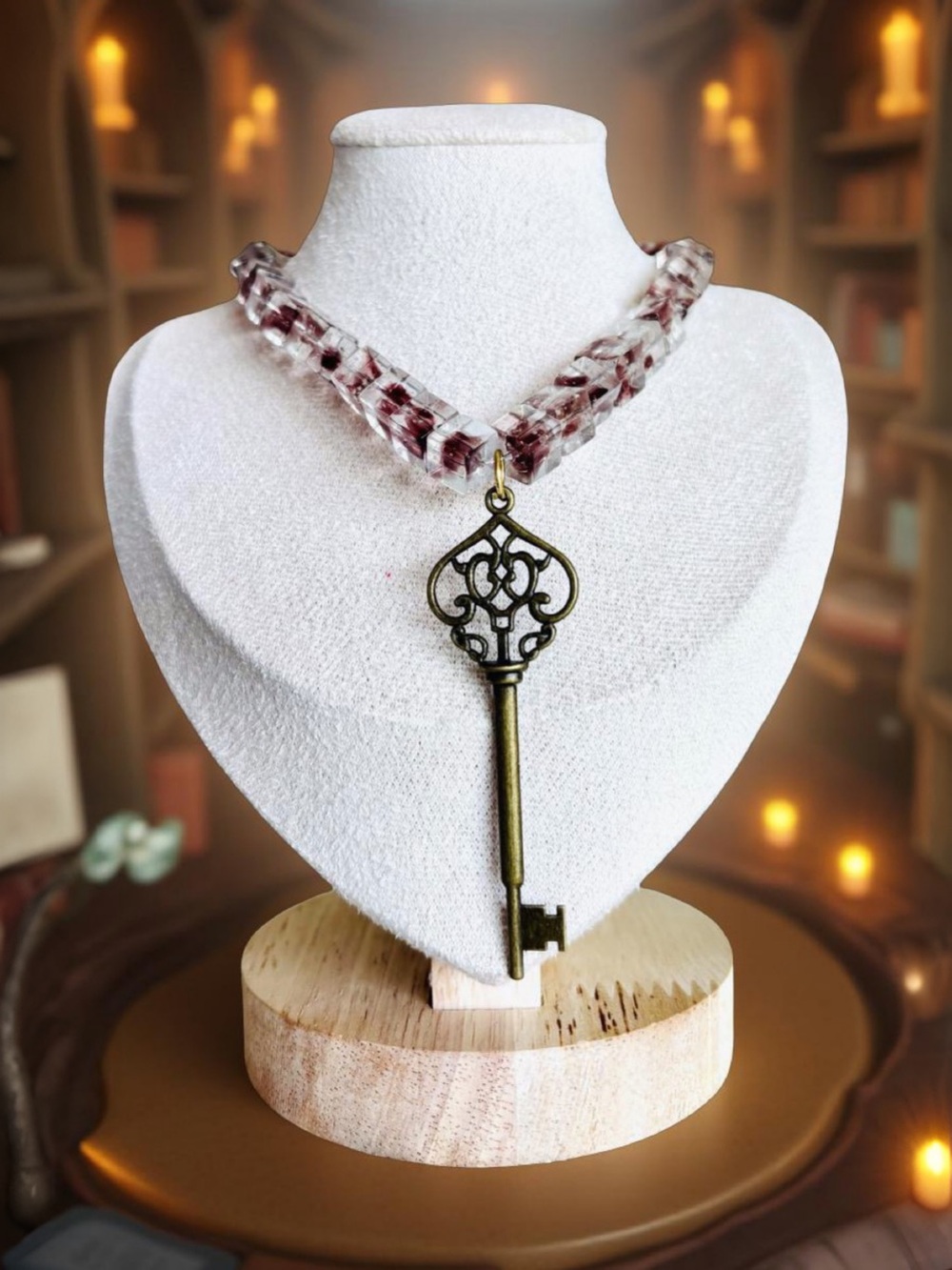 One of a kind Antique Brass Key Necklace with Pink Crystal Beaded Strand vintage